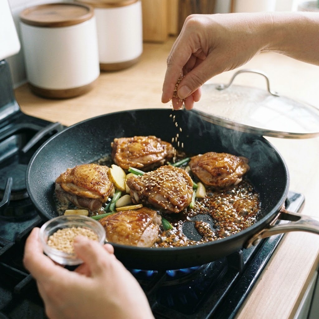 갈비치킨 약불에서 뜸을 들인 후 통깨를 뿌려 담아내는 모습