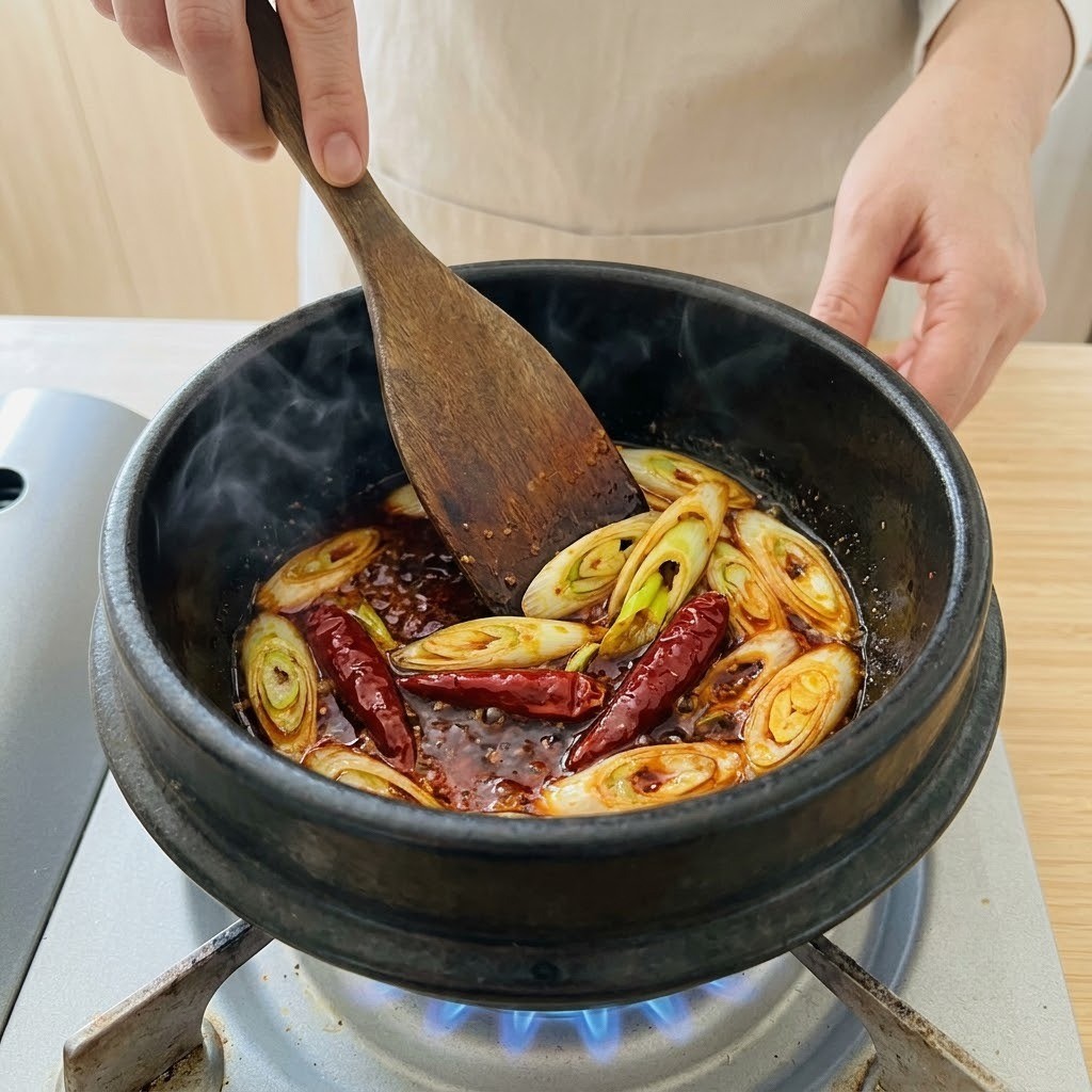 불번데기탕 조리를 위해 뚝배기에 고추기름을 두르고 어슷썬 대파와 베트남고추를 볶아 파기름을 내는 모습