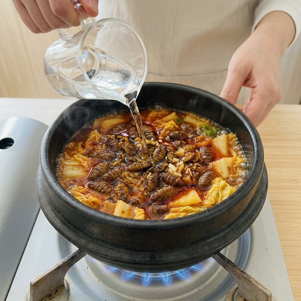 불번데기탕 뚝배기에 데친 번데기와 알배추를 넣고 볶은 뒤 물을 부어 10분간 끓이는 모습