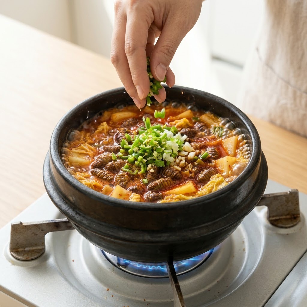 불번데기탕에 양념장을 풀어 끓인 뒤 다진 대파와 청양고추 고명을 듬뿍 올려 완성한 모습