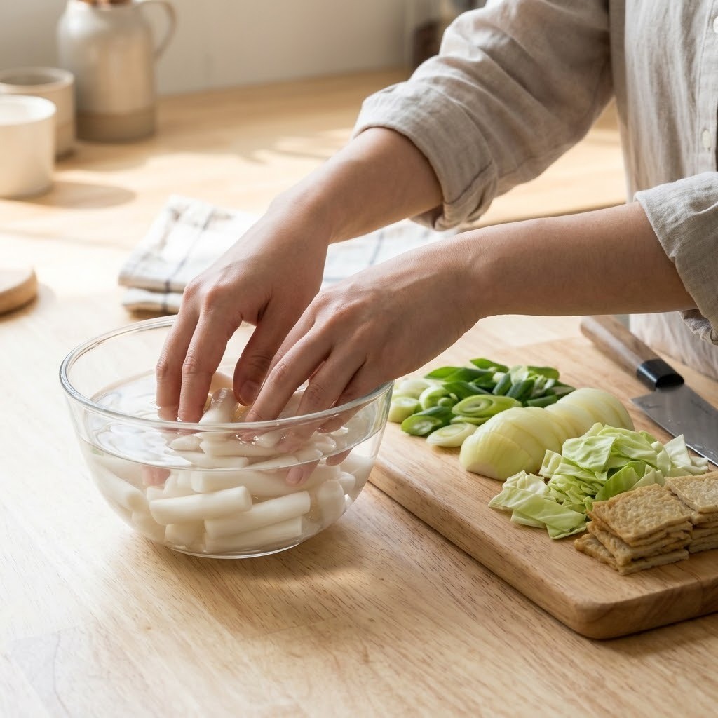 토마토 떡볶이 물에 쌀떡을 담가 불리고 신선한 채소를 손질하는 모습