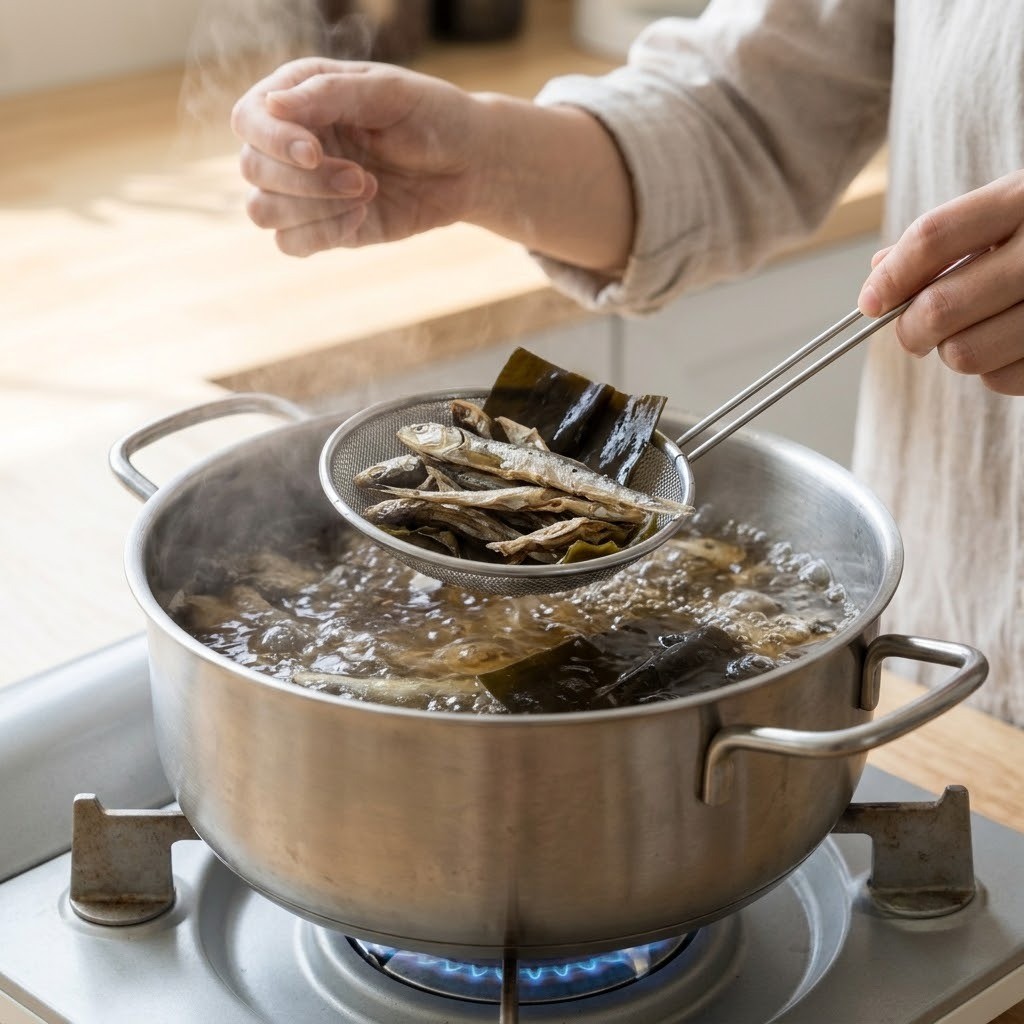 토마토 떡볶이 냄비에서 디포리와 다시마를 넣고 육수를 팔팔 끓여내는 모습