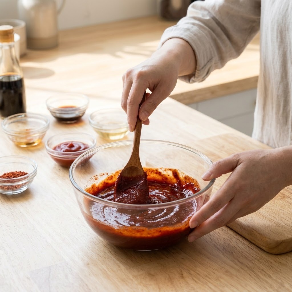 토마토 떡볶이 볼에 고추장과 케첩 등 양념 재료를 넣고 숟가락으로 고르게 섞는 모습