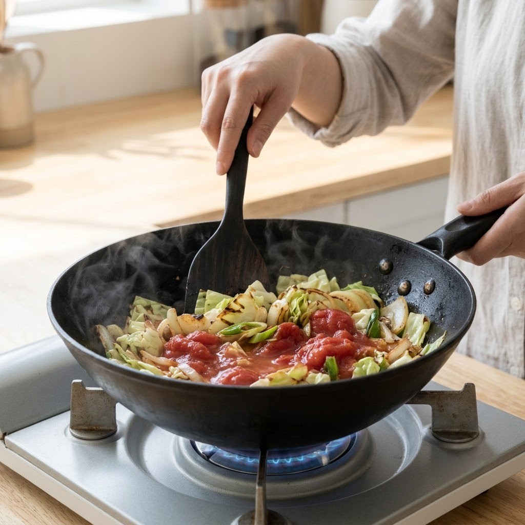 토마토 떡볶이 센 불 팬에서 채소와 홀토마토를 볶으며 불향을 입히는 모습