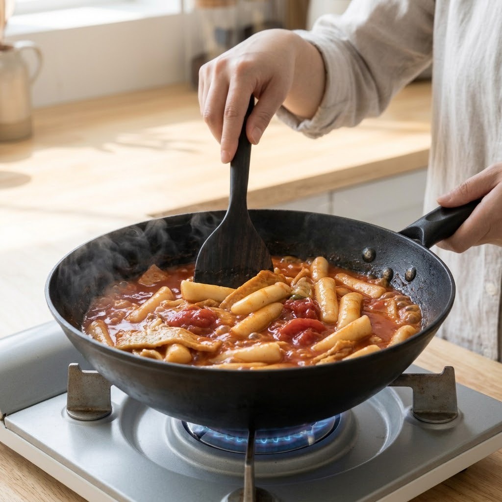토마토 떡볶이 냄비에서 쌀떡과 어묵이 빨간 토마토 국물과 함께 보글보글 졸여지는 모습