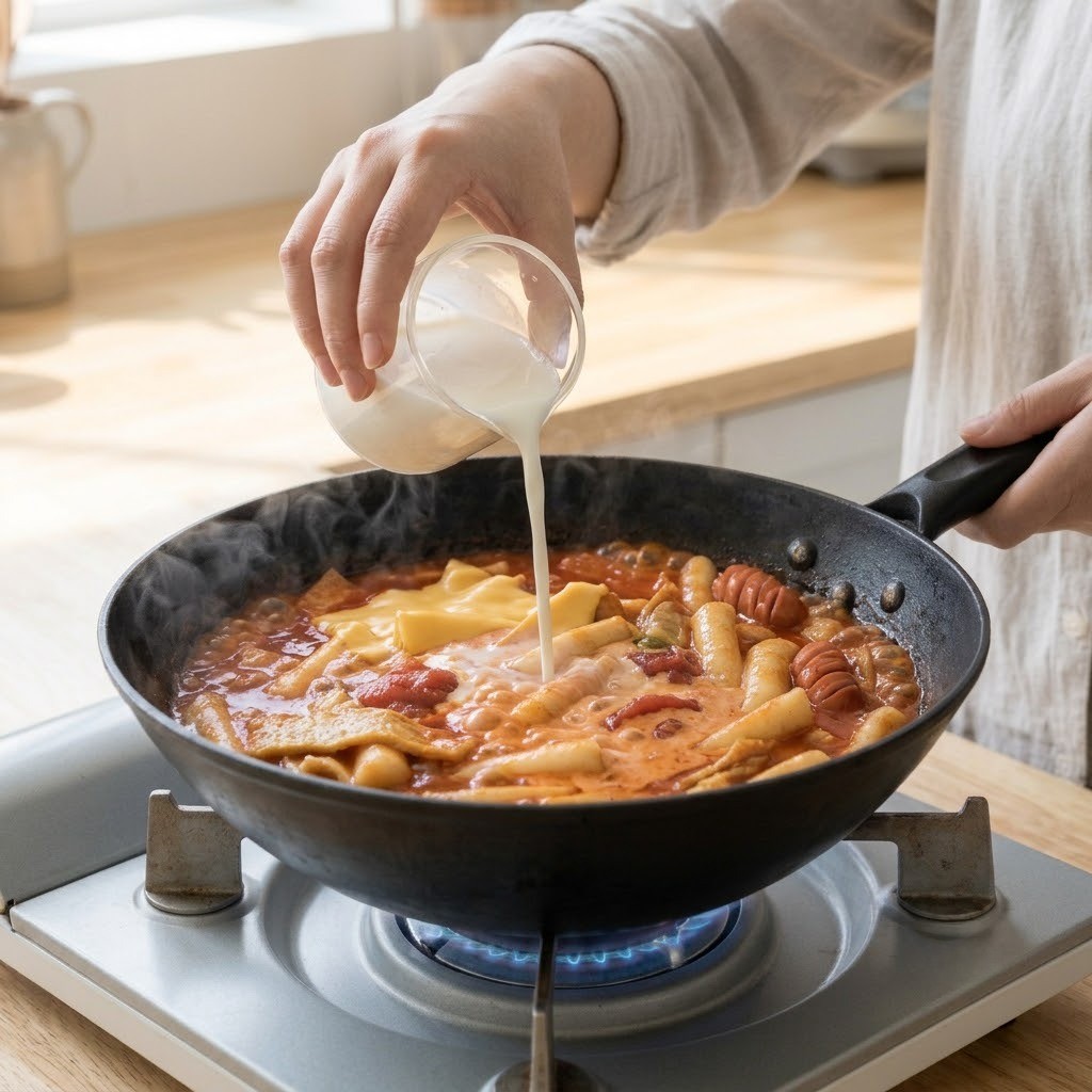 토마토 떡볶이 우유와 생크림 체다치즈를 부어 주황빛 로제 떡볶이로 변신시키는 조리 모습