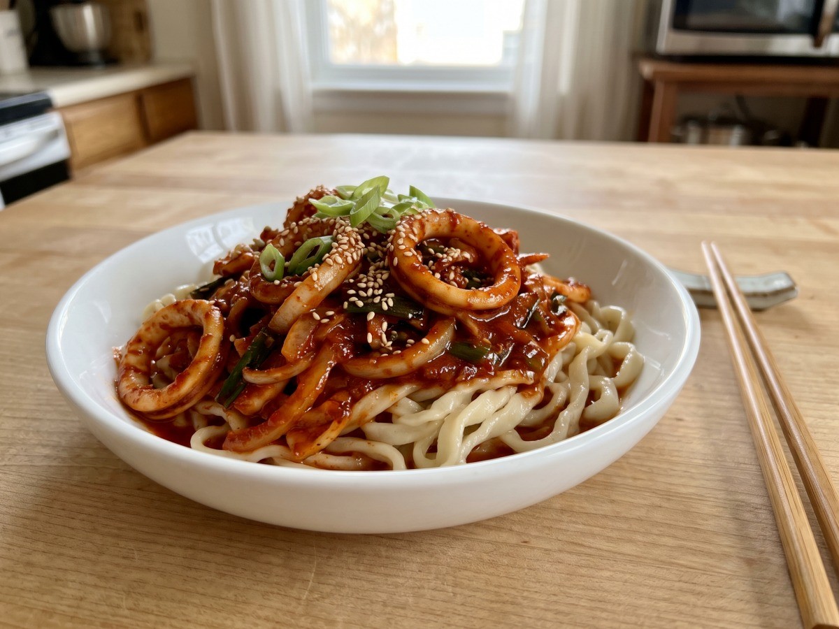 편스토랑 류수영 오징어볶음 칼국수 완성된 매콤한 비빔 면 요리