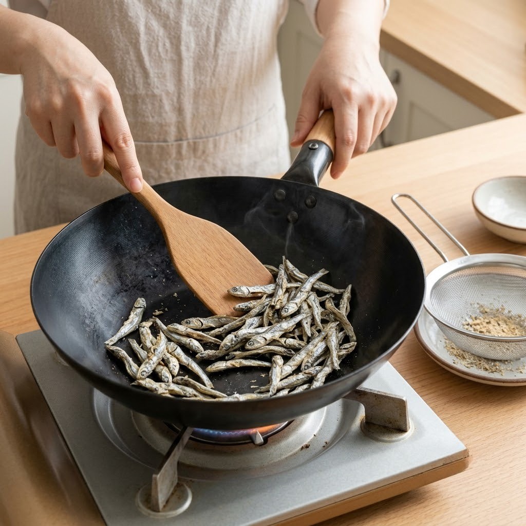 프라이드 멸치를 만들기 위해 마른 팬에 중멸치를 바삭하게 볶아내는 모습