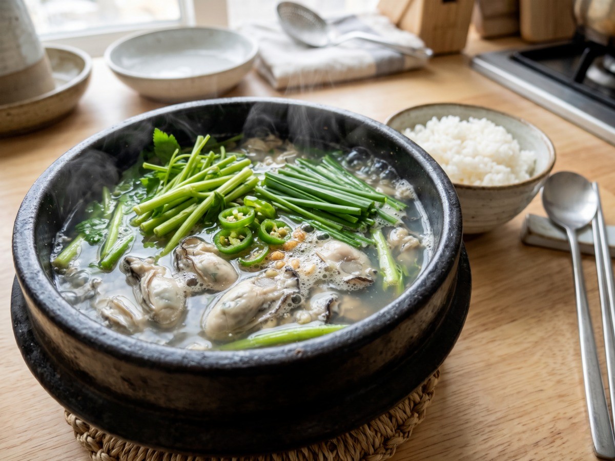 편스토랑 류수영 굴국밥이 뚝배기에 미나리와 부추를 듬뿍 얹어 보글보글 끓고 있는 완성 모습