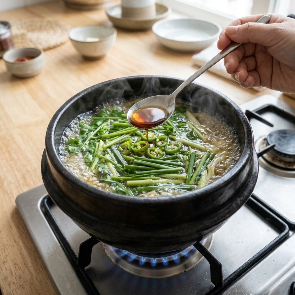 굴국밥 뚝배기에 걸러낸 육수를 붓고 썰어둔 미나리와 부추, 액젓을 넣어 끓이는 모습