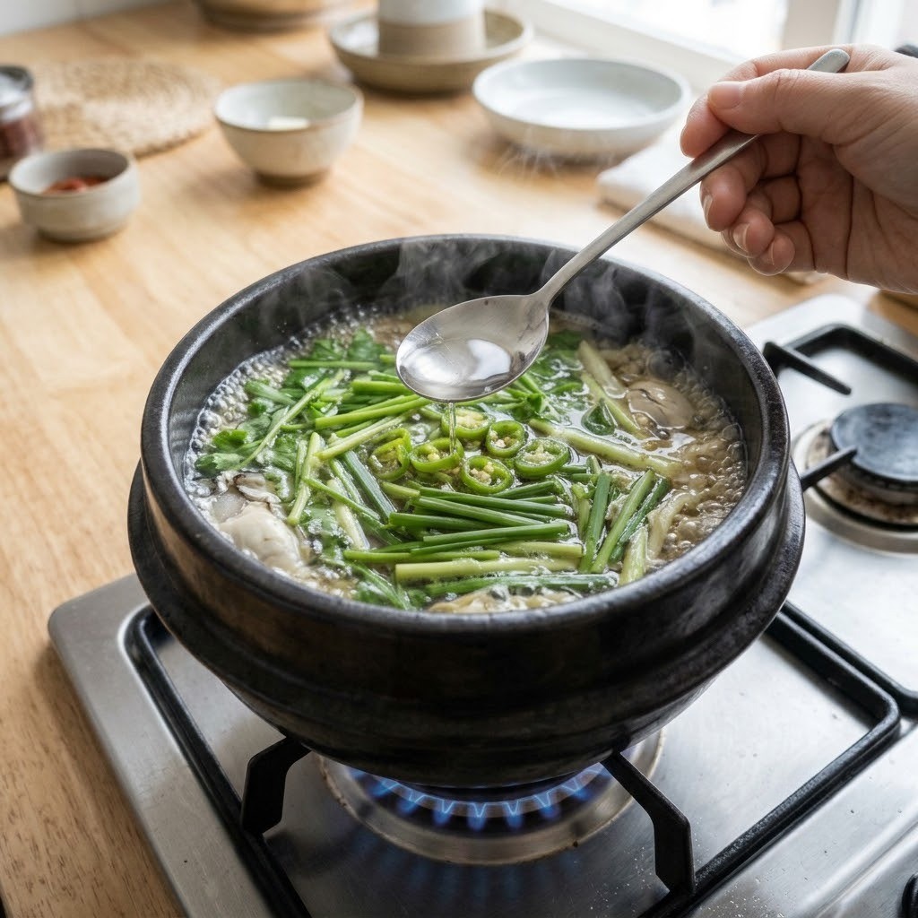 굴국밥 뚝배기에 손질한 굴을 넣고 끓인 뒤 마지막으로 식초 반 큰술을 넣는 모습