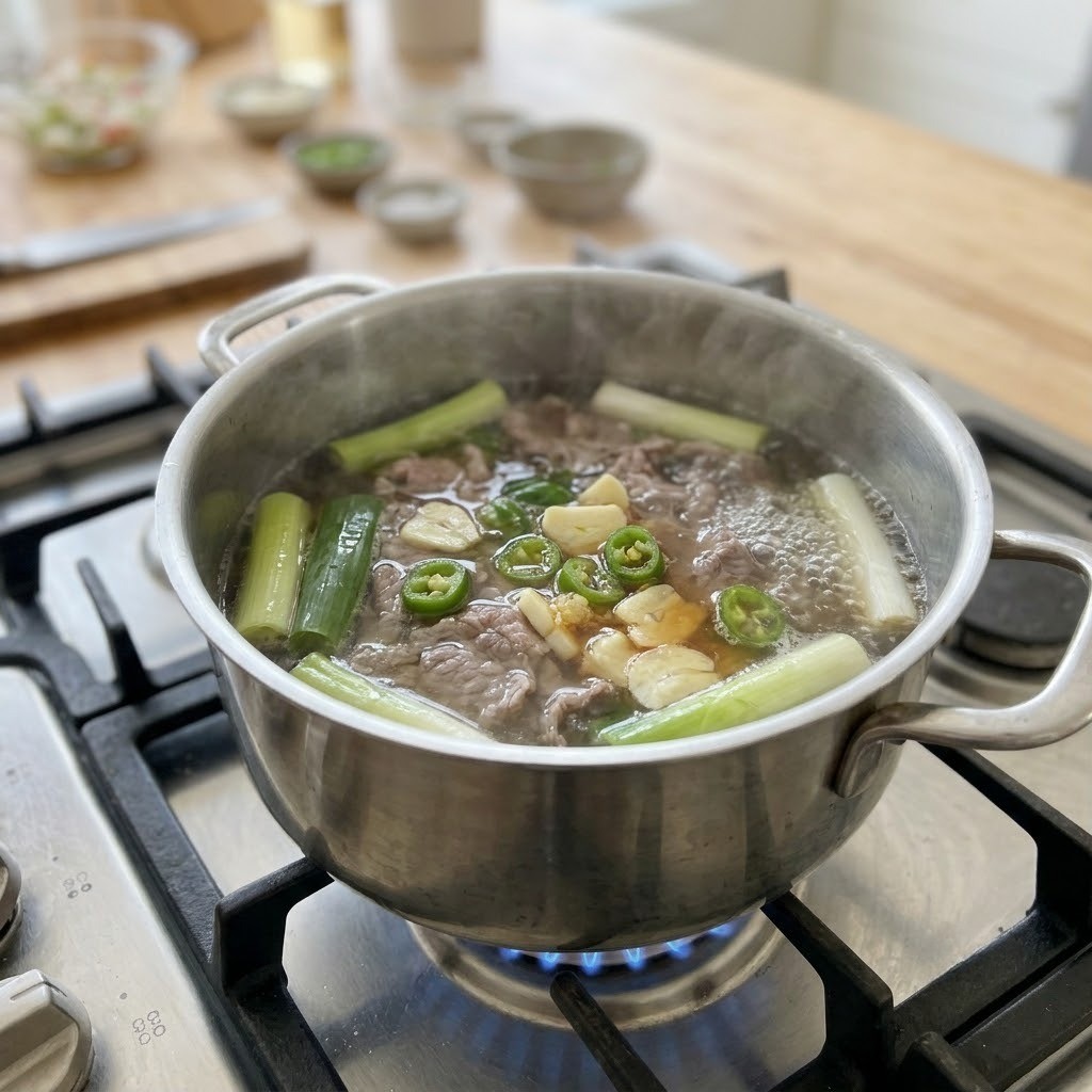 차예련 쌀국밥 냄비에 소고기와 대파 마늘을 넣고 끓이는 육수