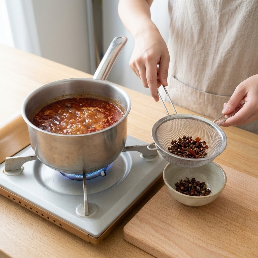사골마라탕 육수에 마라소스를 넣고 끓인 뒤 건더기를 체로 걸러내는 모습