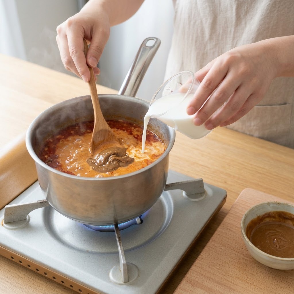 사골마라탕 냄비에 즈마장과 우유를 부어 고소한 육수를 만드는 모습