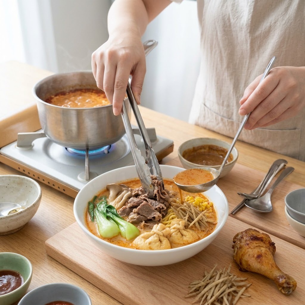 사골마라탕 육수에 차돌박이와 채소 및 옥수수면을 넣고 끓이는 모습