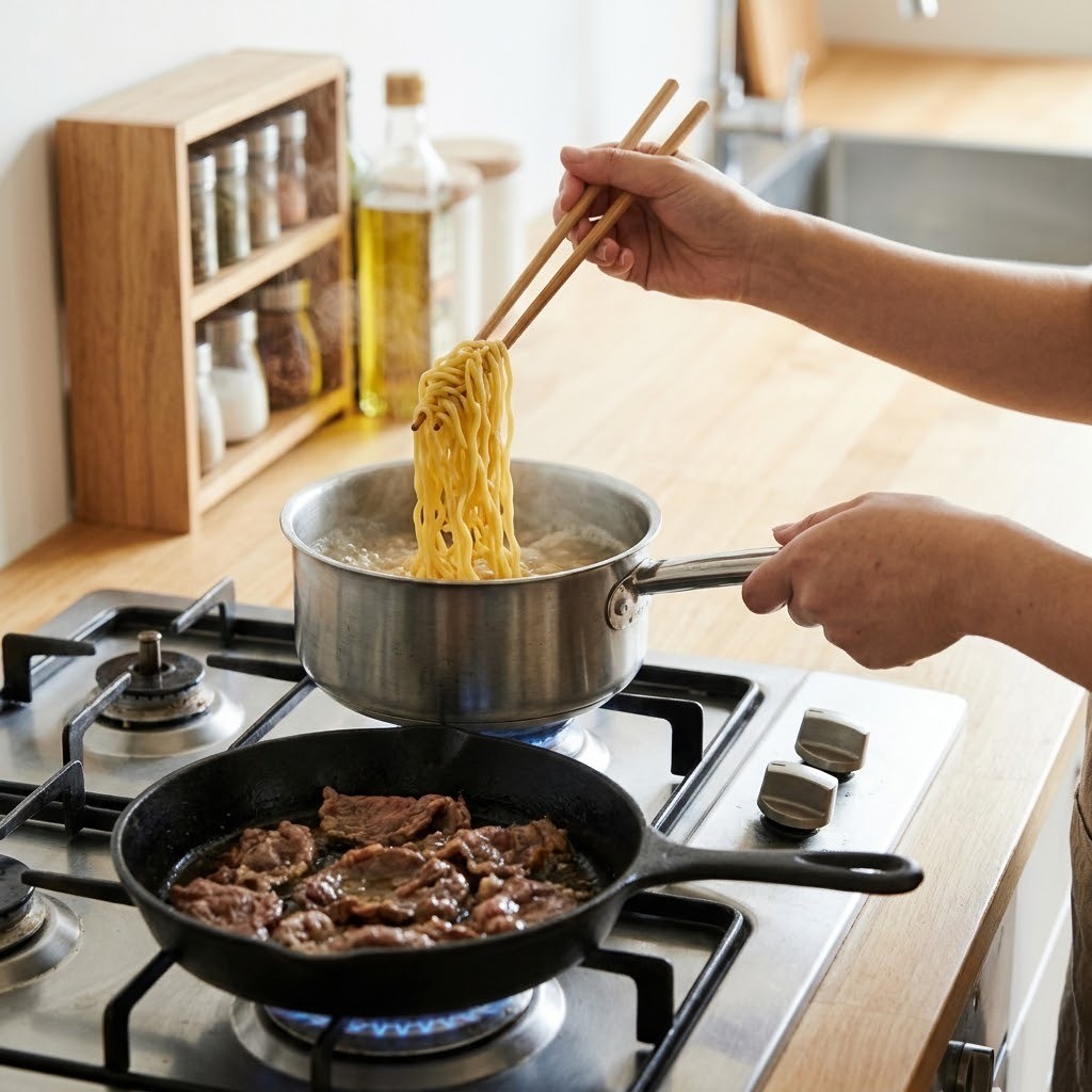 우유마라탕 옥수수면을 삶아 건지고 차돌박이를 바삭하게 굽는 과정