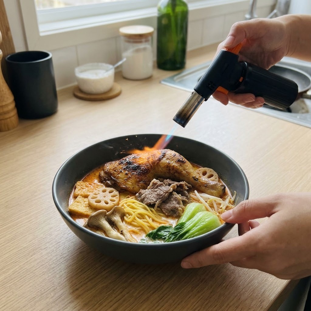 우유마라탕 그릇에 면과 채소를 담고 토치로 불맛 낸 닭다리를 얹는 장면
