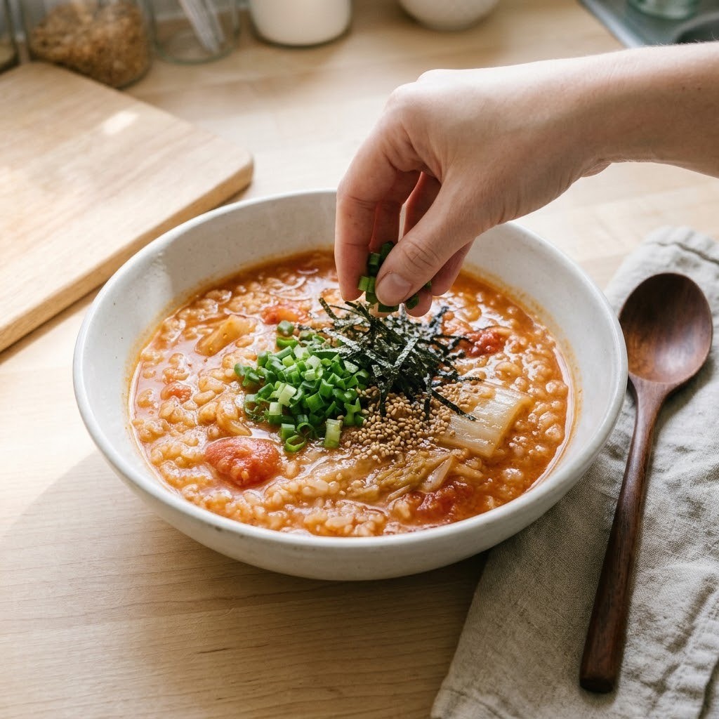 완성된 김치 토마토 해장죽에 송송 썬 쪽파와 김가루 깨를 얹어 장식하는 조리 과정