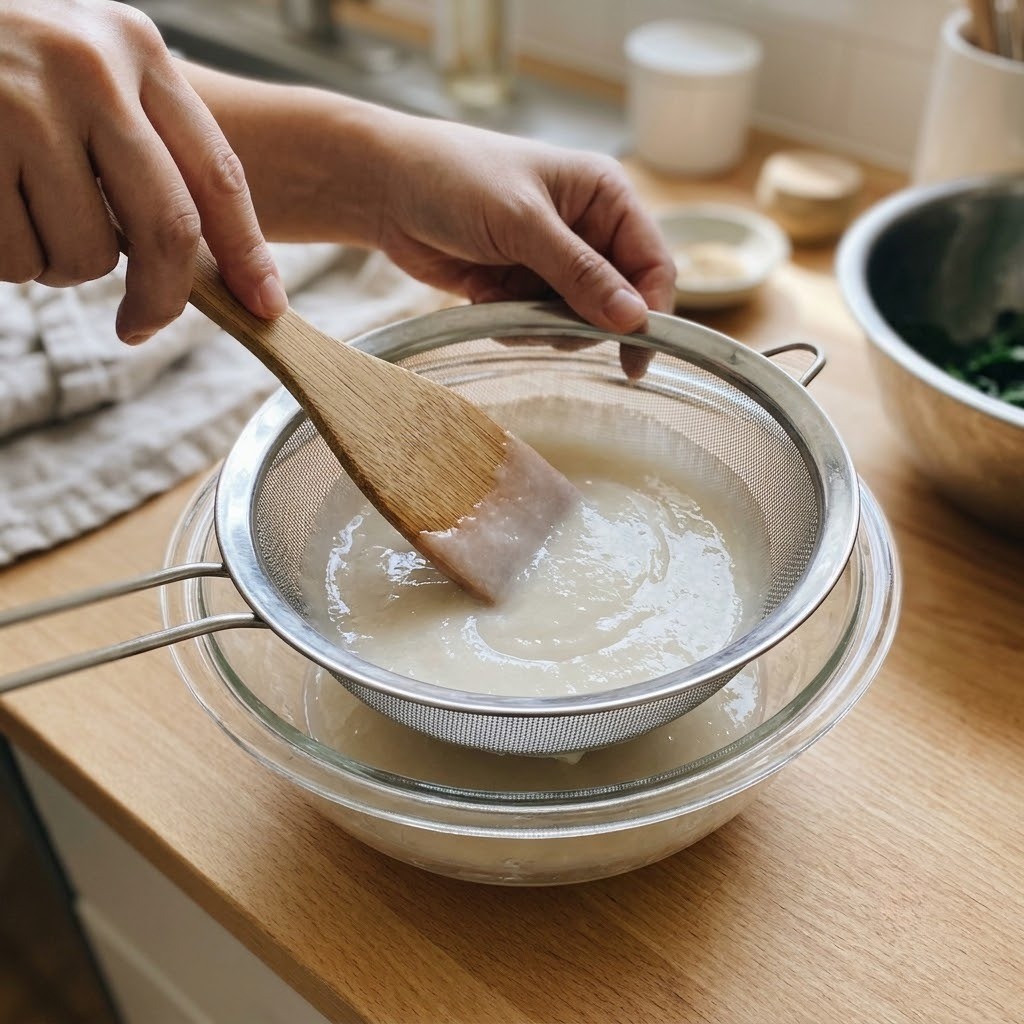케일 김치 냄비에 찹쌀풀을 쑤어 체에 곱게 거르는 모습