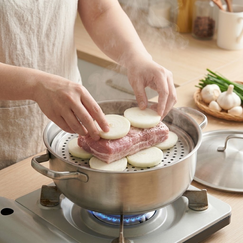 찜기에 양파를 깔고 통 항정살을 얹어 30분간 쪄내는 조리 과정