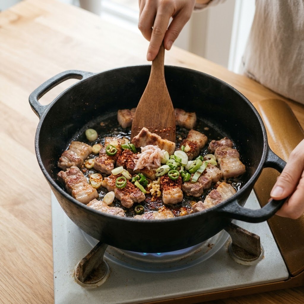 삼겹고추장찌개 약불에서 고춧가루와 다진 마늘 액젓을 넣고 볶는 장면