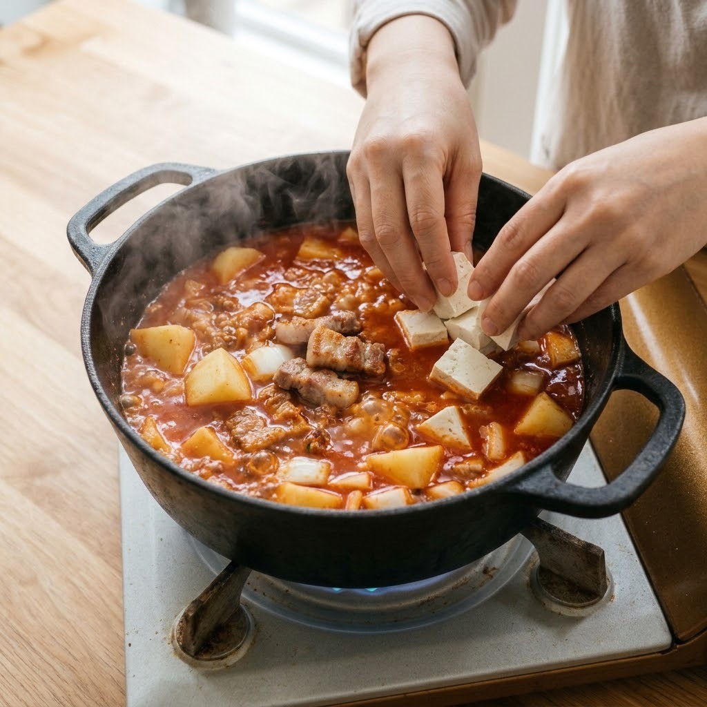 삼겹고추장찌개 고추장을 풀고 물을 부은 뒤 감자와 두부를 넣고 끓이는 모습