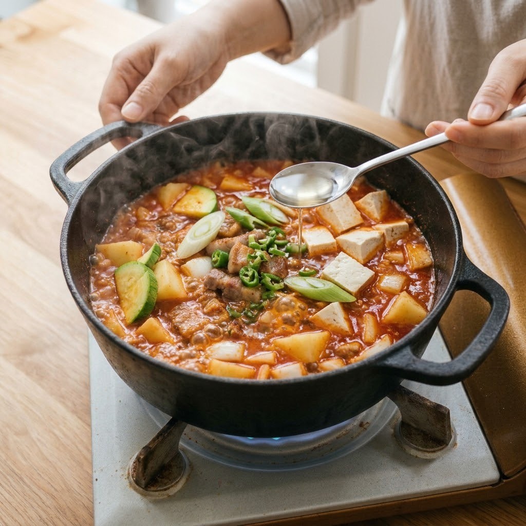 삼겹고추장찌개 애호박을 넣고 끓인 후 마지막에 식초를 넣어 완성하는 모습