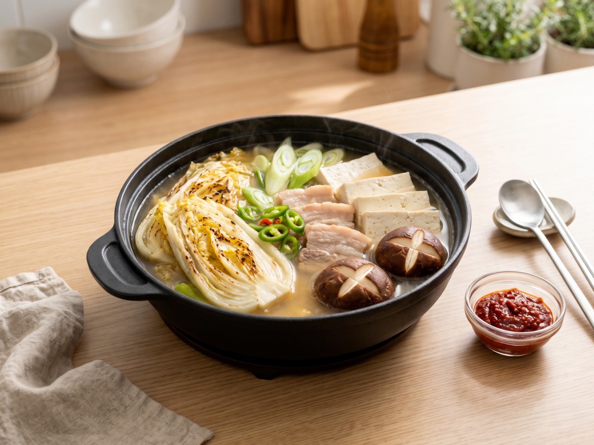 편스토랑 차예련 하얀 김치찌개 전골냄비에 통삼겹살과 구운 백김치 표고버섯 두부가 듬뿍 담긴 완성 모습