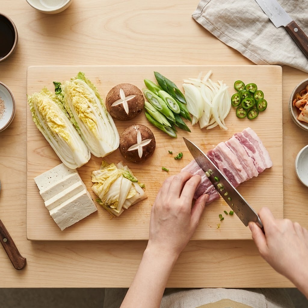 하얀 김치찌개에 들어갈 백김치 통삼겹살 두부 표고버섯 채소를 도마 위에서 손질하는 모습