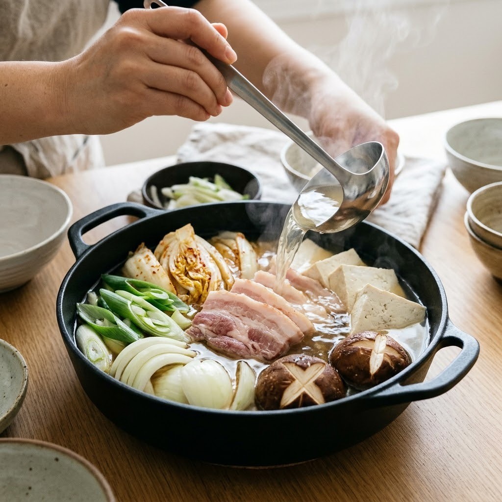 하얀 김치찌개 전골냄비에 구운 백김치와 통삼겹살 두부를 담고 육수를 붓는 모습