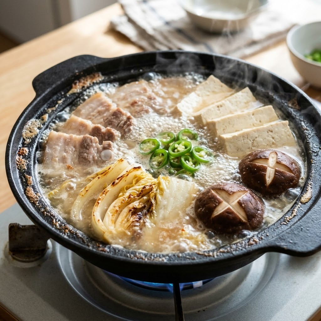 하얀 김치찌개가 전골냄비에서 통삼겹살과 두부 표고버섯과 함께 보글보글 끓는 모습