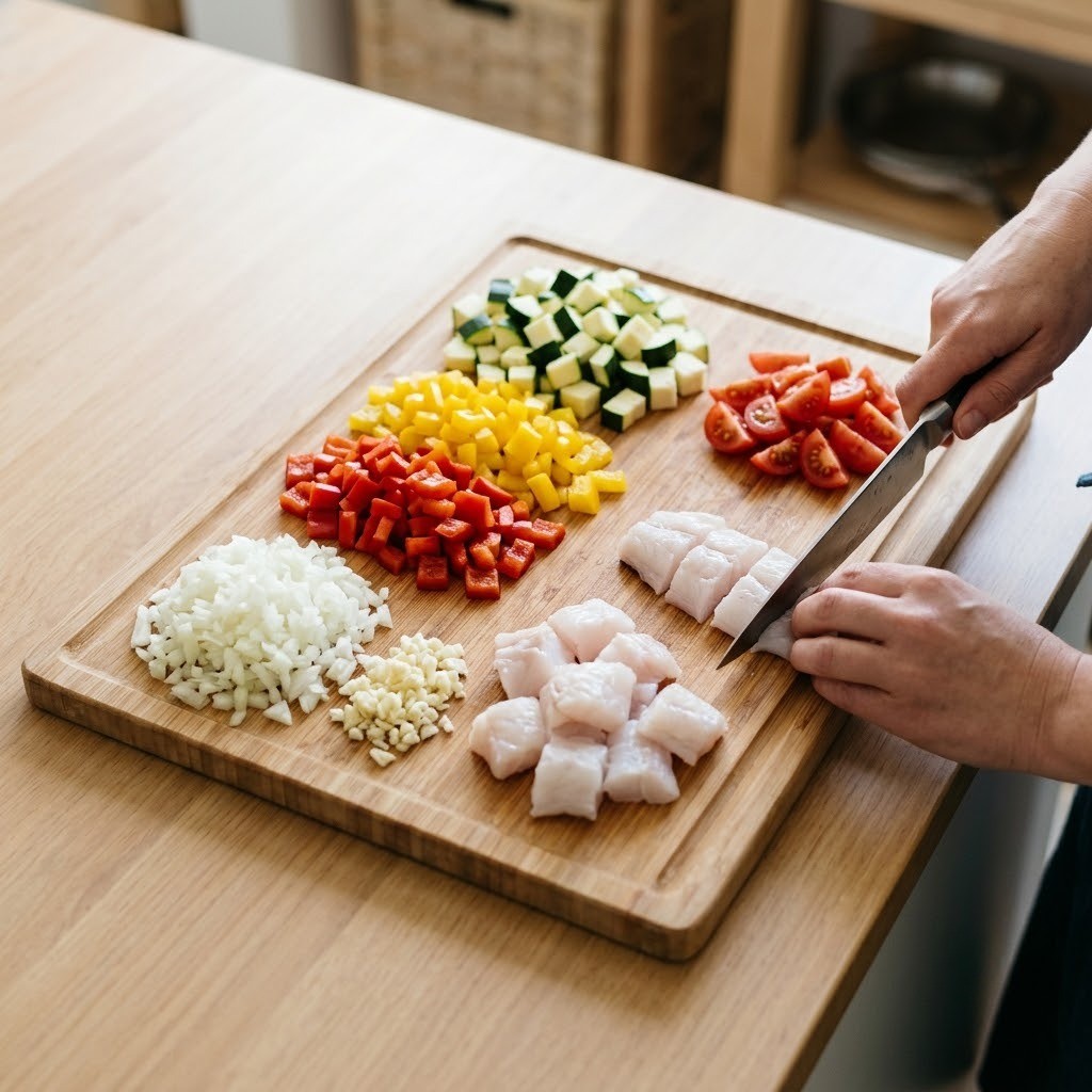 아귀 파에야에 들어갈 다진 양파와 마늘, 깍둑썬 파프리카와 애호박, 아귀 살을 도마 위에서 손질하는 모습