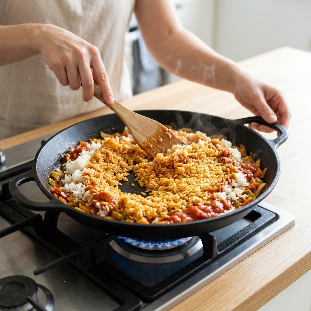 아귀 파에야의 볶은 채소 위에 밥과 토마토 카레 소스를 부어 주걱으로 골고루 섞어 볶는 모습