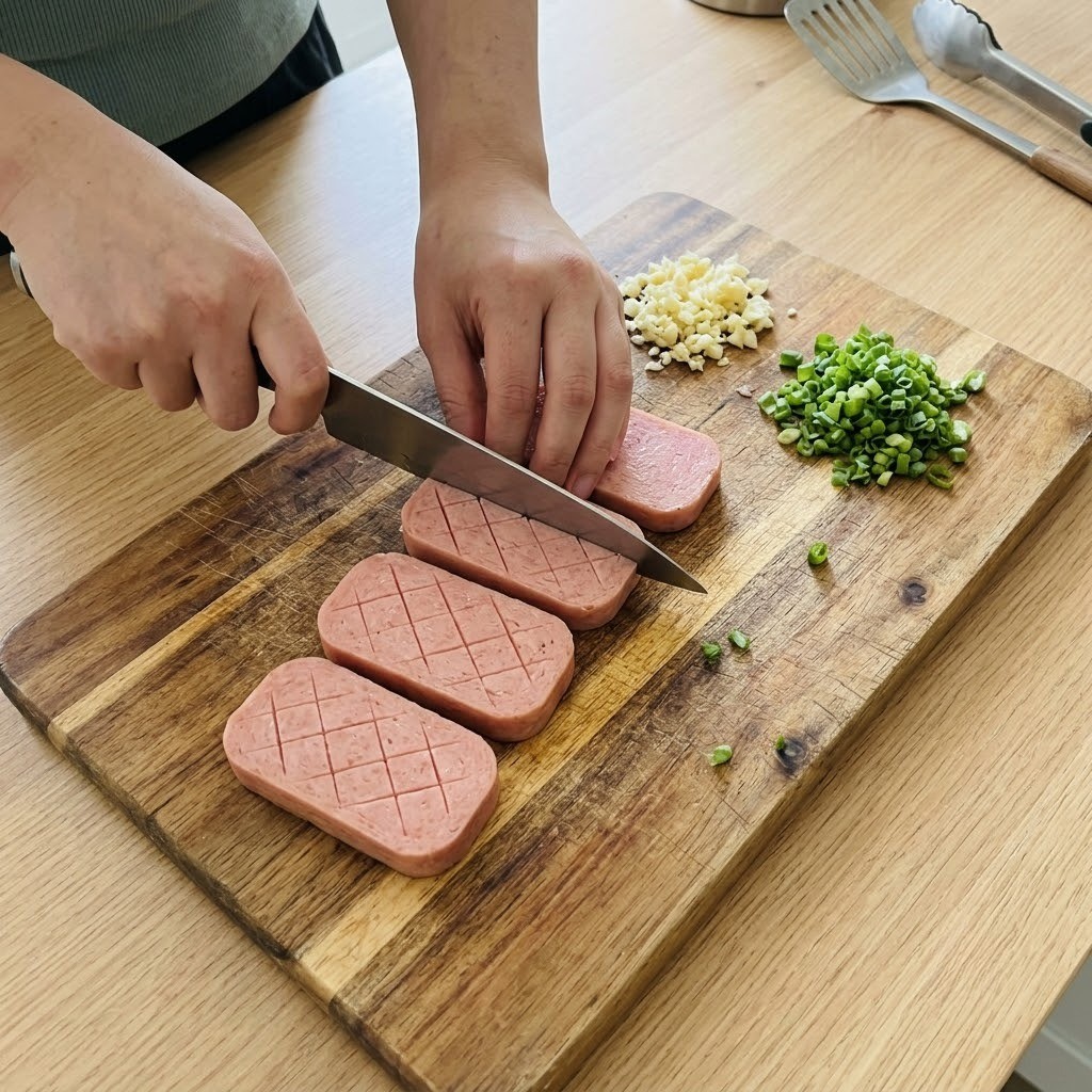 어육소시지 덮밥 조리를 위해 소시지 단면에 격자무늬 칼집을 내고 마늘과 쪽파를 썬 모습