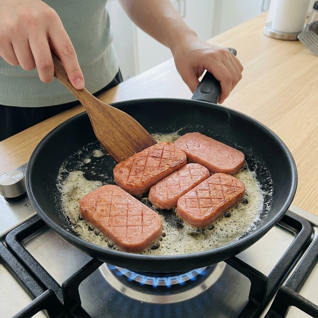 어육소시지 덮밥에 올릴 칼집 낸 소시지를 프라이팬의 녹인 버터에 노릇하게 굽는 모습