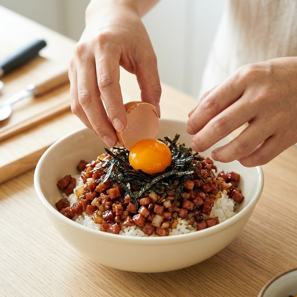 스팸덮밥 그릇에 담긴 밥 위에 볶은 스팸과 김가루를 올리고 달걀 노른자를 얹어 완성하는 모습