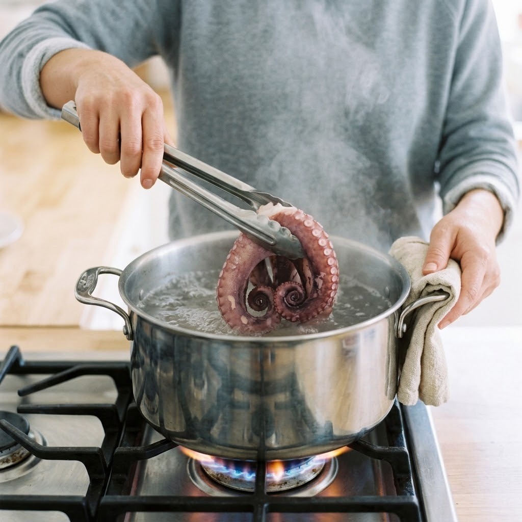수박 문어찜에 들어갈 돌문어를 끓는 소금물에 넣어 모양을 잡으며 삶는 모습