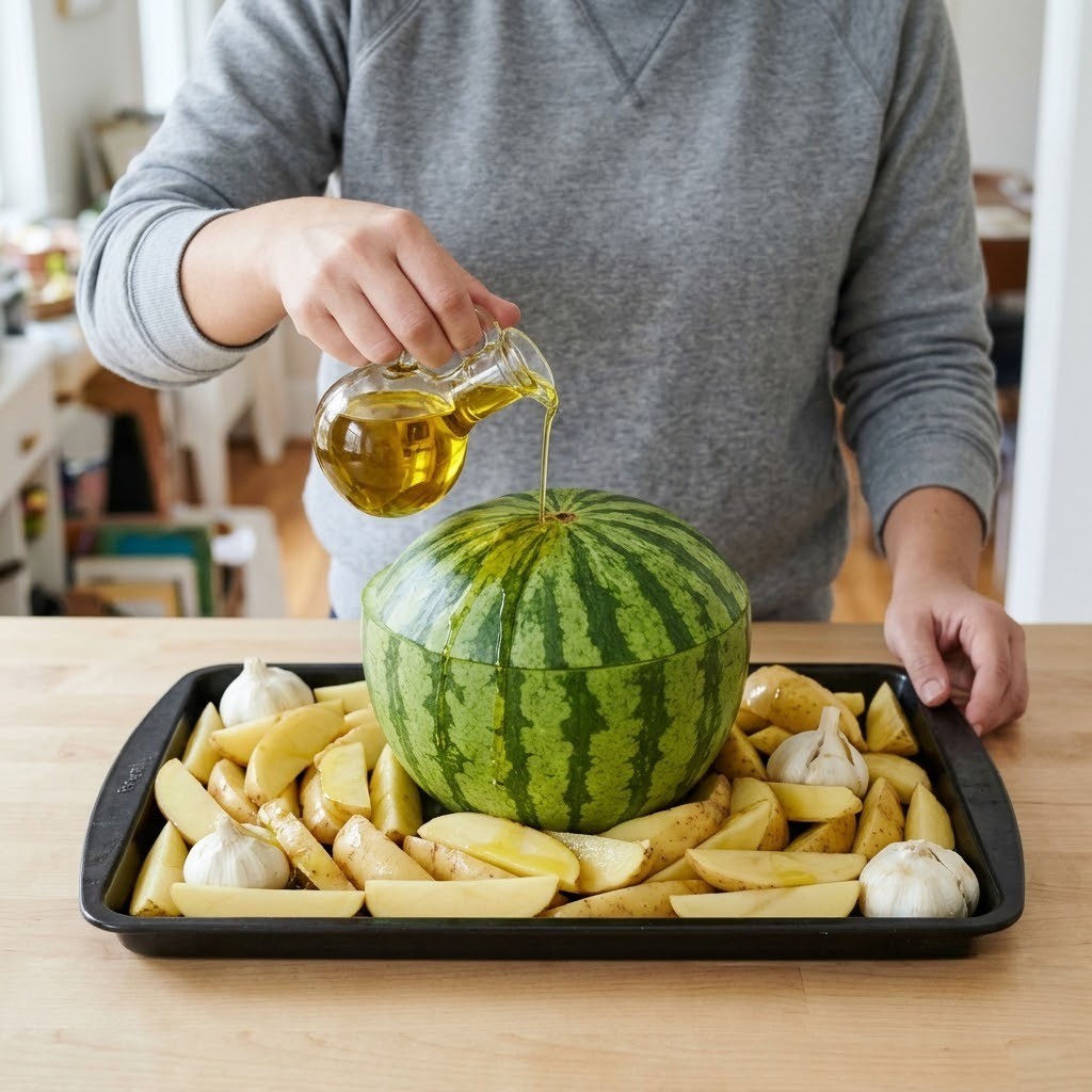 수박 문어찜과 감자, 육쪽마늘을 오븐 트레이에 올리고 올리브오일을 뿌려 굽는 모습